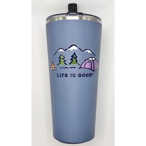 Life Is Good Stainless Steel Tumbler Cup w/Lid Camp Tent Mountains Campfire 25oz